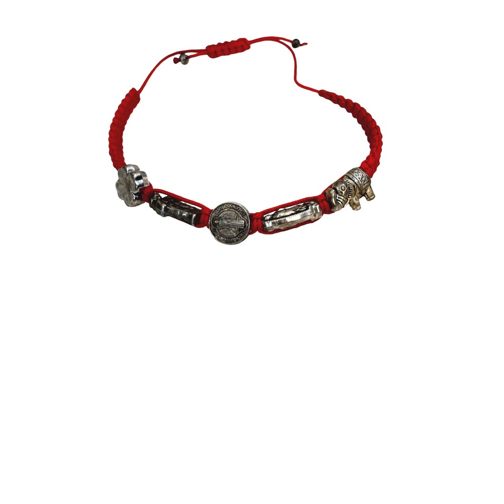 Red Cord Bracelet Elephant, Clover,‎ Saint Benedict Charms Adjustable anklet
